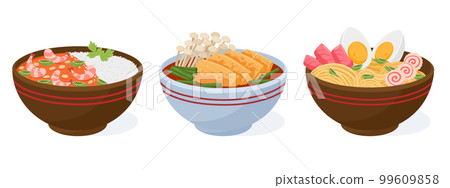 Cartoon asian food bowls. Japanese seafood, traditional asian cuisine, ramen soup and rice bowl, oriental seafood dish flat vector illustration set Cartoon asian food bowls. Japanese seafood, traditional asian cuisine, ramen soup and rice bowl, oriental seafood dish flat vector illustration set 99609858