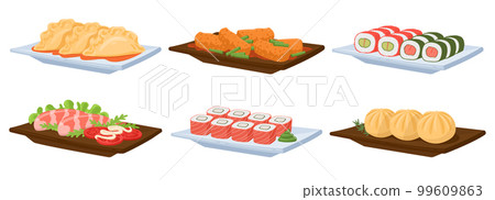 Cartoon asian food dish plates. Traditional asian cuisine, Japanese seafood, sushi rolls, dumplings and shrimps flat vector illustration set on white background Cartoon asian food dish plates. Traditional asian cuisine, Japanese seafood, sushi rolls, dumplings and shrimps flat vector illustration set on white background 99609863