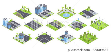 Isometric urban city set. City park environment, street roads, road signs and trees 3d vector illustration set Isometric urban city set. City park environment, street roads, road signs and trees 3d vector illustration set 99609865