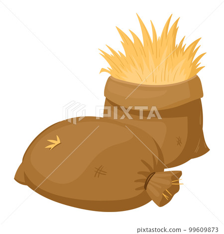 Cartoon bag of hay. Rural agricultural hay, dried fodder straw and hay bag vector illustration on white background Cartoon bag of hay. Rural agricultural hay, dried fodder straw and hay bag vector illustration on white background 99609873