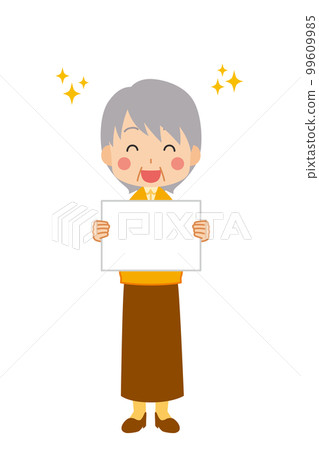 一個可愛的高級女人快樂地拿著留言板白色背景矢量全身人的插圖 一個可愛的高級女人快樂地拿著留言板白色背景矢量全身人的插圖 99609985