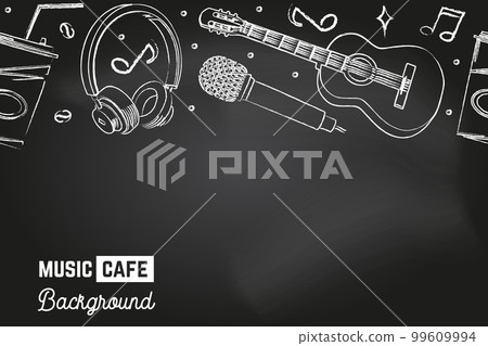 Seamless pattern with music instruments and coffee cup for music cafe, bar, pub. Music cafe background on the chalkboard. Vector illustration. Classical acoustic guitar, retro microphone, headphones Seamless pattern with music instruments and coffee cup for music cafe, bar, pub. Music cafe background on the chalkboard. Vector illustration. Classical acoustic guitar, retro microphone, headphones 99609994