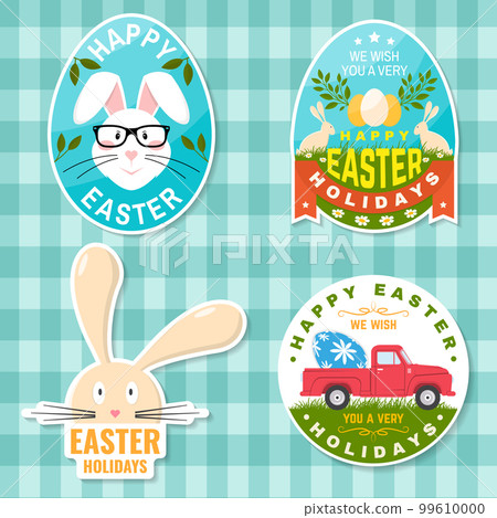Set of happy easter holidays sticker, patch. Vector. Typography design with retro pickup truck, easter rabbit and colourful eggs. Modern minimal style. Easter Egg Hunt. Spring holiday Set of happy easter holidays sticker, patch. Vector. Typography design with retro pickup truck, easter rabbit and colourful eggs. Modern minimal style. Easter Egg Hunt. Spring holiday 99610000