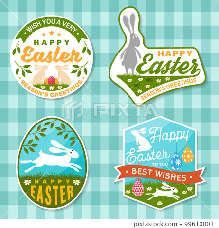 Set of happy easter holidays sticker, patch. Vector. Typography design with easter rabbit and colourful eggs. Modern minimal style. Easter Egg Hunt. Spring holiday 99610001