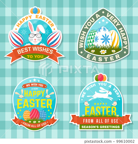 Set of happy easter holidays sticker, patch. Vector. Typography design with easter rabbit and colourful eggs. Modern minimal style. Easter Egg Hunt. Spring holiday 99610002