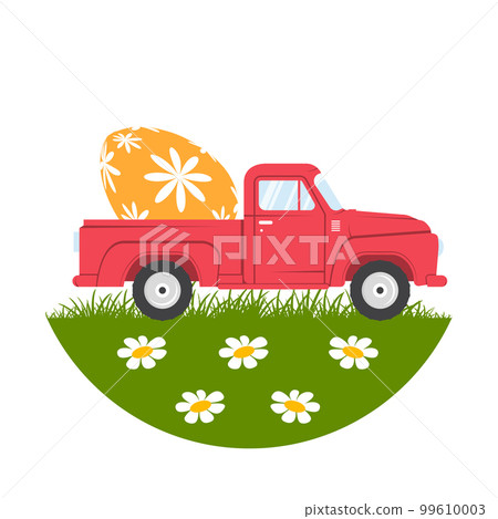 Retro pickup with easter eggs on green grass on a white background. Vector illustration. Spring holiday. Vector Illustration.Happy easter eggs Retro pickup with easter eggs on green grass on a white background. Vector illustration. Spring holiday. Vector Illustration.Happy easter eggs 99610003