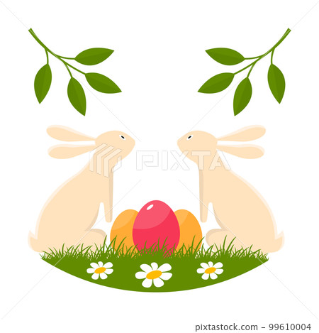 Easter bunny with easter eggs on green grass on a white background. Vector illustration. Spring holiday. Vector Illustration. Happy easter eggs. 99610004