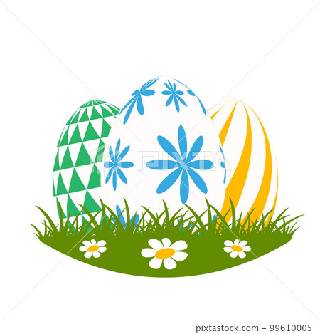 Easter eggs on green grass on a white background. Vector illustration. Spring holiday. Vector Illustration.Happy easter eggs. Easter eggs on green grass on a white background. Vector illustration. Spring holiday. Vector Illustration.Happy easter eggs. 99610005