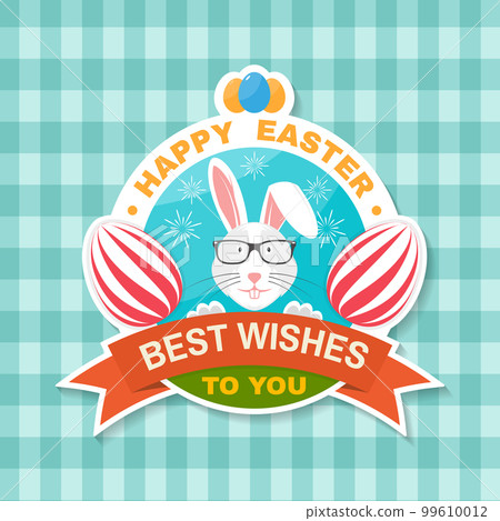 Happy Easter card, sticker, patch. Vector. Typography design with easter rabbit, eggs. Modern minimal style. For poster, greeting card, overlay, sticker 99610012