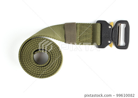 Fabric belt military, twisted, top view. Isolated on white background. 99610082