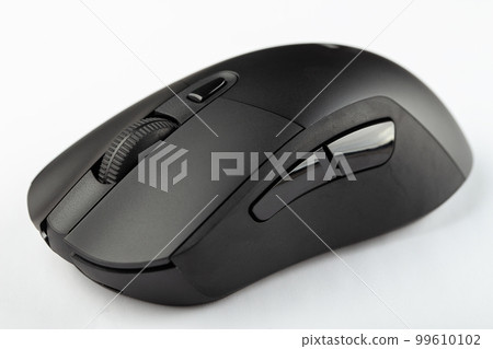 Black wireless computer mouse on a white background. 99610102