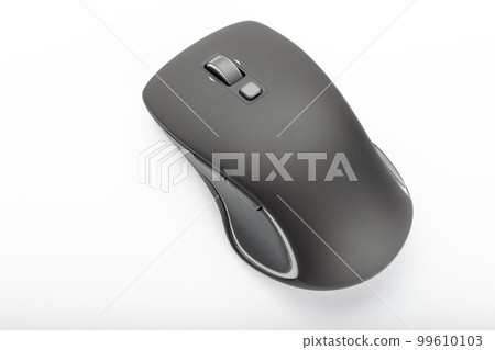 Black wireless computer mouse on a white background. Black wireless computer mouse on a white background. 99610103