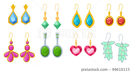 Cartoon earrings. Precious gemstones, beads and pearls earrings, glamorous jewelry flat vector illustration set on white background Cartoon earrings. Precious gemstones, beads and pearls earrings, glamorous jewelry flat vector illustration set on white background 99610115