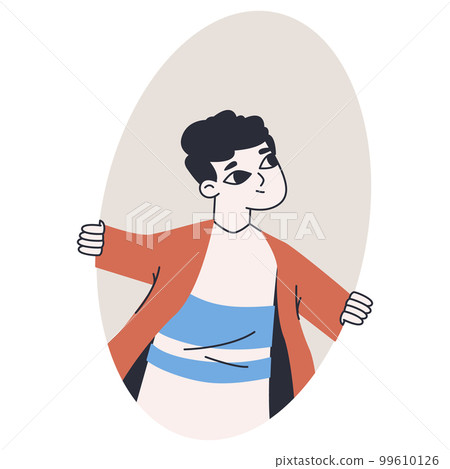 Peeping guy. Spying curious character spying through geometry shape, young man looking out through oval flat vector illustration 99610126