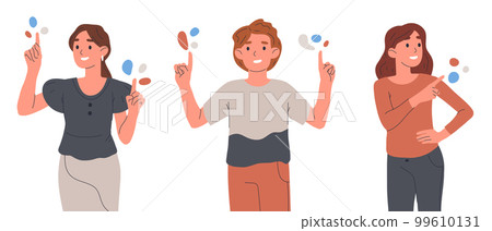 People pointing to something. Characters indicating and pointing with index finger, cheerful people pointing up flat vector illustration set People pointing to something. Characters indicating and pointing with index finger, cheerful people pointing up flat vector illustration set 99610131