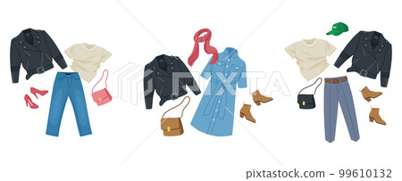 Cartoon female casual leather jacket outfits. Fashion looks with leather jackets, denim, ankle boots and bags, modern flat vector illustration set on white background Cartoon female casual leather jacket outfits. Fashion looks with leather jackets, denim, ankle boots and bags, modern flat vector illustration set on white background 99610132