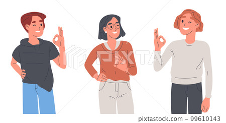 People showing okay sign. Male and female character with positive gesture, smiling friends body language flat vector illustration on white background People showing okay sign. Male and female character with positive gesture, smiling friends body language flat vector illustration on white background 99610143