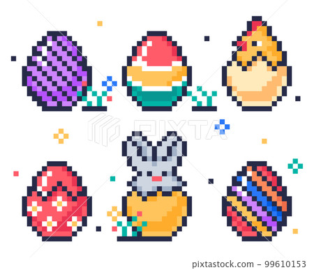 Pixel 8 bit easter eggs. Pixel art arcade game eggs icons, painted chicken eggs, cute bunny and baby chicken egg hunt game flat vector illustration set on white background 99610153
