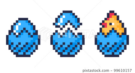Pixel easter eggs. Arcade 8 bit game eggs, painted chicken eggs with baby chicken, egg hunt game flat vector illustration on white background 99610157