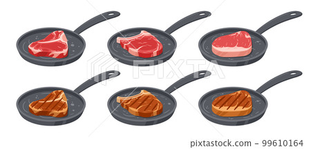 Raw and roasted meat steak on fried pan. Cartoon pork and beef steaks cooking process, roasted or grilled meat semi-finished products flat vector illustration set 99610164