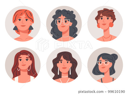 Stunning women avatars. Cartoon beautiful girls portraits, fashionable young female faces, cute female characters flat vector illustration set on white background 99610190