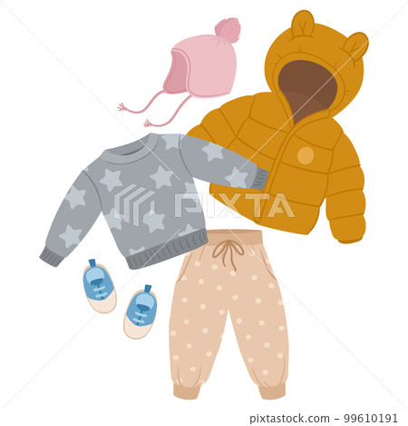 Cartoon kids outfit. Baby boy or girl casual garments, cute little pants, puffer jacket and acsessories flat vector illustration on white background 99610191