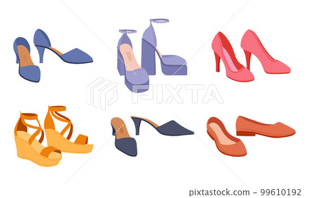 Summer female footwear. Cartoon modern shoes, heels, platform shoes and flats. Fashion shoes flat vector illustration set 99610192