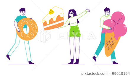 Tiny people carrying sweet food. Characters with sweets, donut, cake and ice cream flat vector illustration set on white background 99610194