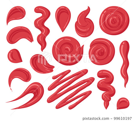 Tomato ketchup stains. Cartoon red hot sauce dip, chilli sauce splash, junk food dressing sauces flat vector illustration set 99610197