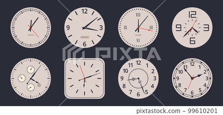 Watch faces. Cartoon analog clocks, electronic and mechanical vintage watch faces with numbers and clock hands flat vector illustration set on white background Watch faces. Cartoon analog clocks, electronic and mechanical vintage watch faces with numbers and clock hands flat vector illustration set on white background 99610201