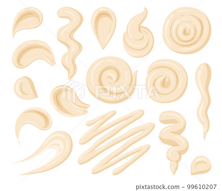 Cartoon mayo sauce stains. White sauce dip, sauce splash, fast food dressing, bechamel sauce flat vector illustration on white background Cartoon mayo sauce stains. White sauce dip, sauce splash, fast food dressing, bechamel sauce flat vector illustration on white background 99610207