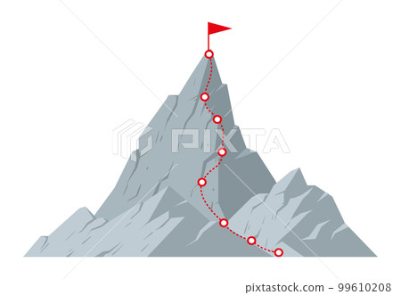 Cartoon mountain peak climbing progress. Dotted route with red flag on top, rocky range hiking trip to mountains top flat vector illustration on white background Cartoon mountain peak climbing progress. Dotted route with red flag on top, rocky range hiking trip to mountains top flat vector illustration on white background 99610208