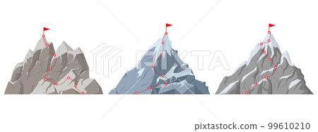 Cartoon mountain peak route. Rocky range climbing progress, hiking trip to mountains top, dotted route with red flag on top flat vector illustration set on white background Cartoon mountain peak route. Rocky range climbing progress, hiking trip to mountains top, dotted route with red flag on top flat vector illustration set on white background 99610210