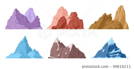 Cartoon mountains set. Hill tops and rocky range, outdoor hiking, nature landscape mountain silhouettes flat vector illustrations on white background Cartoon mountains set. Hill tops and rocky range, outdoor hiking, nature landscape mountain silhouettes flat vector illustrations on white background 99610211