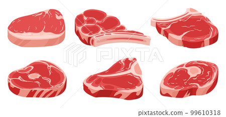 Cartoon raw meat steaks. Pork or red beef steaks, fresh raw filet flat vector illustration on white background Cartoon raw meat steaks. Pork or red beef steaks, fresh raw filet flat vector illustration on white background 99610318
