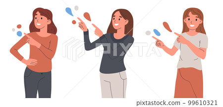 Women pointing to something. Female characters indicating and pointing with index finger, cheerful girls pointing right side flat vector illustration set Women pointing to something. Female characters indicating and pointing with index finger, cheerful girls pointing right side flat vector illustration set 99610321