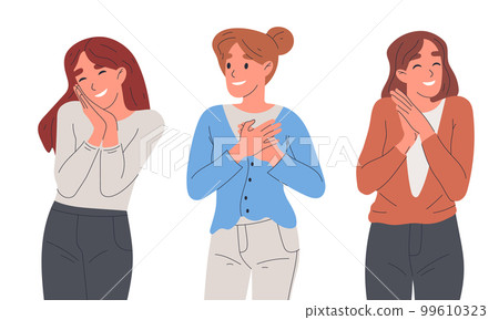 Women showing tender emotion. Females tenderness emotions, smiling girls character positive body language flat cartoon vector illustration Women showing tender emotion. Females tenderness emotions, smiling girls character positive body language flat cartoon vector illustration 99610323