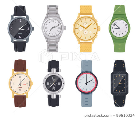 Wrist watches. Cartoon gold and silver hand clocks, vintage classic watches. Quartz analog and electronic watch flat vector illustration collection 99610324