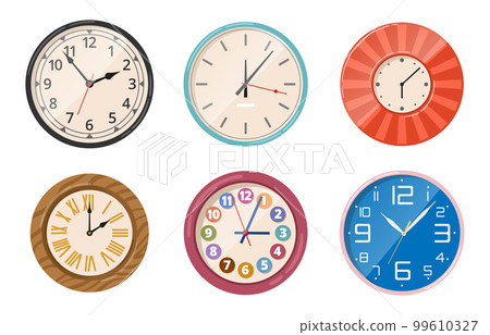 Cartoon round watches. Electronic wall clock, mechanical vintage clock faces, digital timepieces and quartz interior chronometers flat vector illustration set Cartoon round watches. Electronic wall clock, mechanical vintage clock faces, digital timepieces and quartz interior chronometers flat vector illustration set 99610327