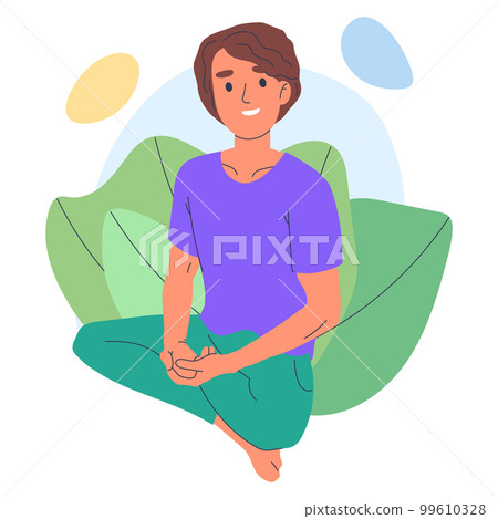 Yoga and meditation. Male person meditating in lotus pose, mindful relaxing man breath and balance training flat vector illustration on white background Yoga and meditation. Male person meditating in lotus pose, mindful relaxing man breath and balance training flat vector illustration on white background 99610328