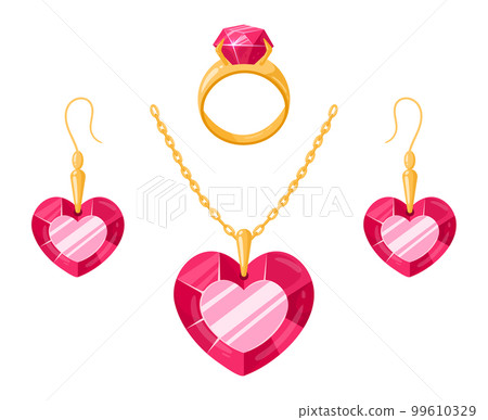 Cartoon ruby golden jewelry. Precious necklace, ring and gold earrings, glamorous jewelry, ruby gemstones set flat vector illustration on white background Cartoon ruby golden jewelry. Precious necklace, ring and gold earrings, glamorous jewelry, ruby gemstones set flat vector illustration on white background 99610329