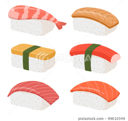Cartoon sushi set. Seafood Japanese dish, sushi with salmon, shrimp and tuna, traditional Japanese cuisine flat vector illustration Cartoon sushi set. Seafood Japanese dish, sushi with salmon, shrimp and tuna, traditional Japanese cuisine flat vector illustration 99610349