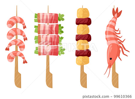 Cartoon yakitori set. Asian fast food dishes with seafood, shrimp and meat yakitori skewers flat vector illustration on white background 99610366