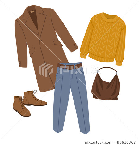 Casual fall outfit. Cartoon fashion clothing, wool coat, sweater, tailored pants and accessories, casual garments look flat vector illustration on white background 99610368
