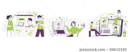 Cryptocurrency token concept. Non fungible tokens, people selling and buying NFT. Crypto arts flat vector illustration set on white background 99610385