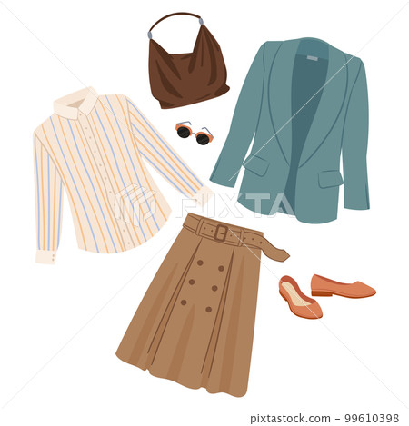 Fashion female outfit. Cartoon casual clothing, jacket, skirt, blouse, shoes and pouch, elegant look flat vector illustration on white background 99610398