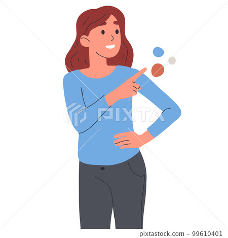 Female character pointing with index fingers. Cheerful Woman indicating and pointing side flat vector illustration on white background Female character pointing with index fingers. Cheerful Woman indicating and pointing side flat vector illustration on white background 99610401
