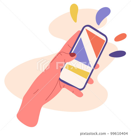 Female hand holding smartphone. Cartoon hand scrolling cell phone screen, mobile device in hand flat vector illustration on white background Female hand holding smartphone. Cartoon hand scrolling cell phone screen, mobile device in hand flat vector illustration on white background 99610404