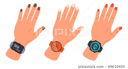 Female hands wearing wristwatches. Cartoon woman hands with quartz analog and electronic watches flat vector illustration set Female hands wearing wristwatches. Cartoon woman hands with quartz analog and electronic watches flat vector illustration set 99610405