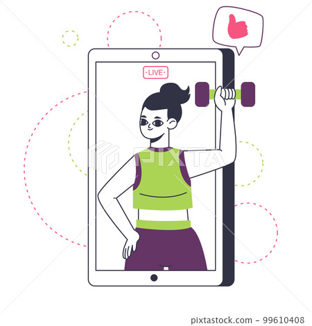 Fitness blogger on smartphones screen. Online workout, sport lover blog concept. Video content author on mobile phone screen flat vector illustration Fitness blogger on smartphones screen. Online workout, sport lover blog concept. Video content author on mobile phone screen flat vector illustration 99610408